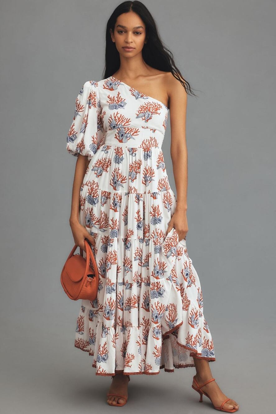 New ANTHROPOLOGIE Priya Israni Puff One-Shoulder Belted Maxi Dress $258 XXSP